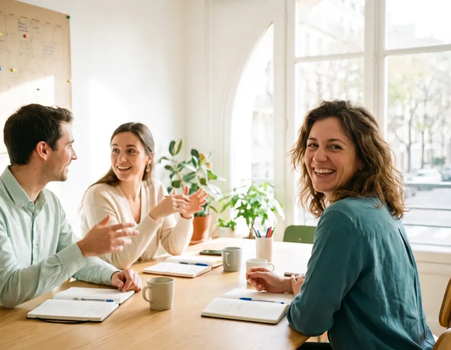 Trois consultants RH rient autour d'une table en chêne clair à la rentrée, devant un planning annuel affiché au mur