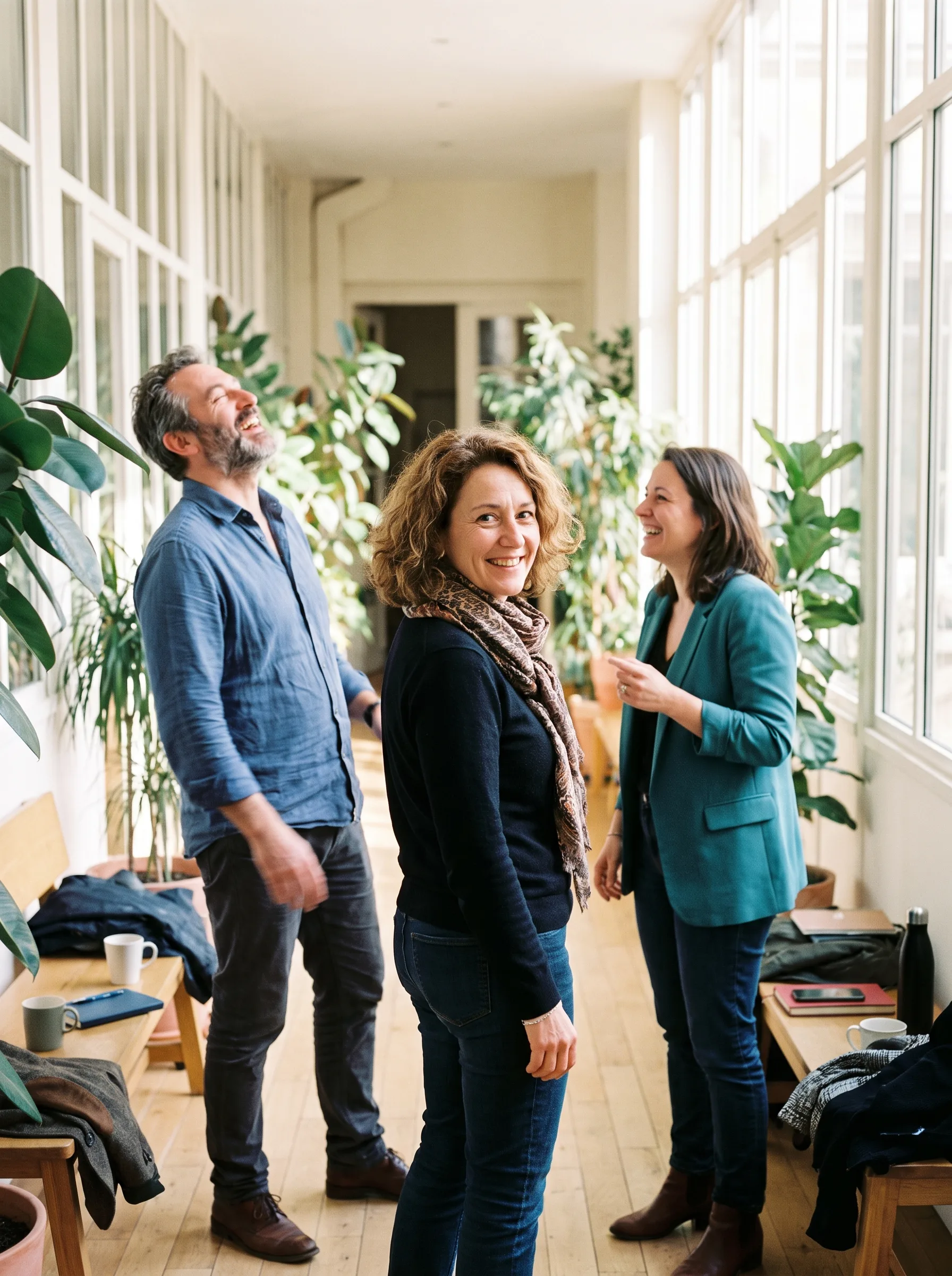 Trois collègues d'un cabinet de conseil rient ensemble dans un couloir vitré bordé de plantes
