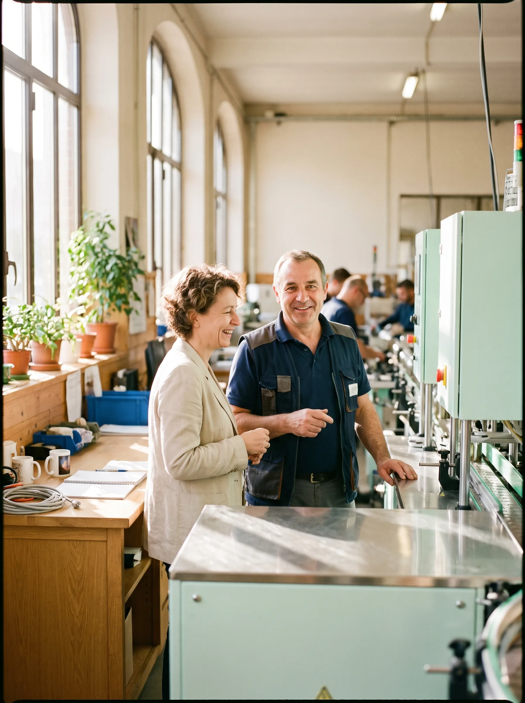 Une responsable qualité en blouse claire et un chef d'atelier échangent en souriant devant une ligne de production en inox