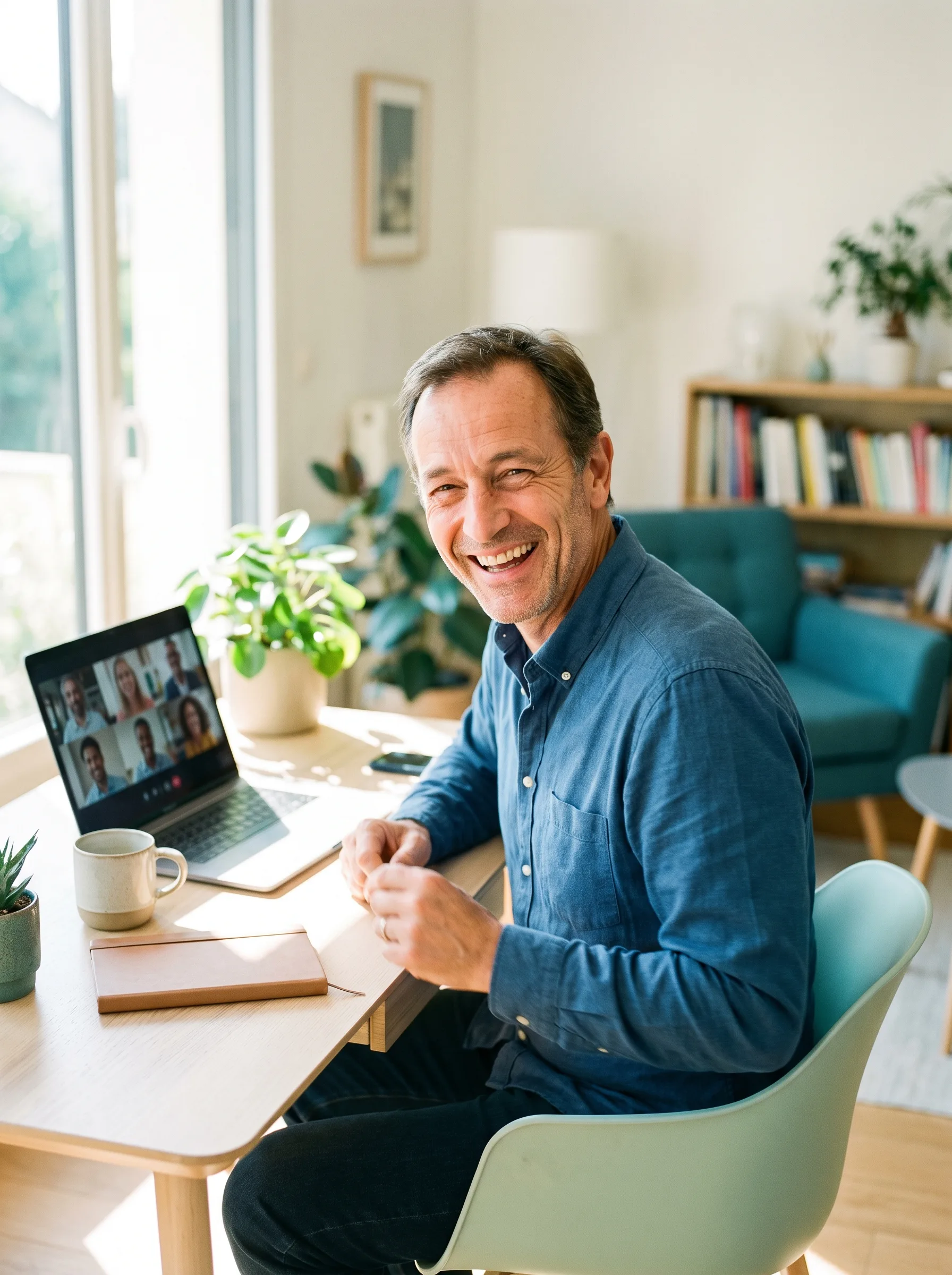Un consultant RH indépendant rit pendant une visioconférence avec ses confrères, dans son propre bureau