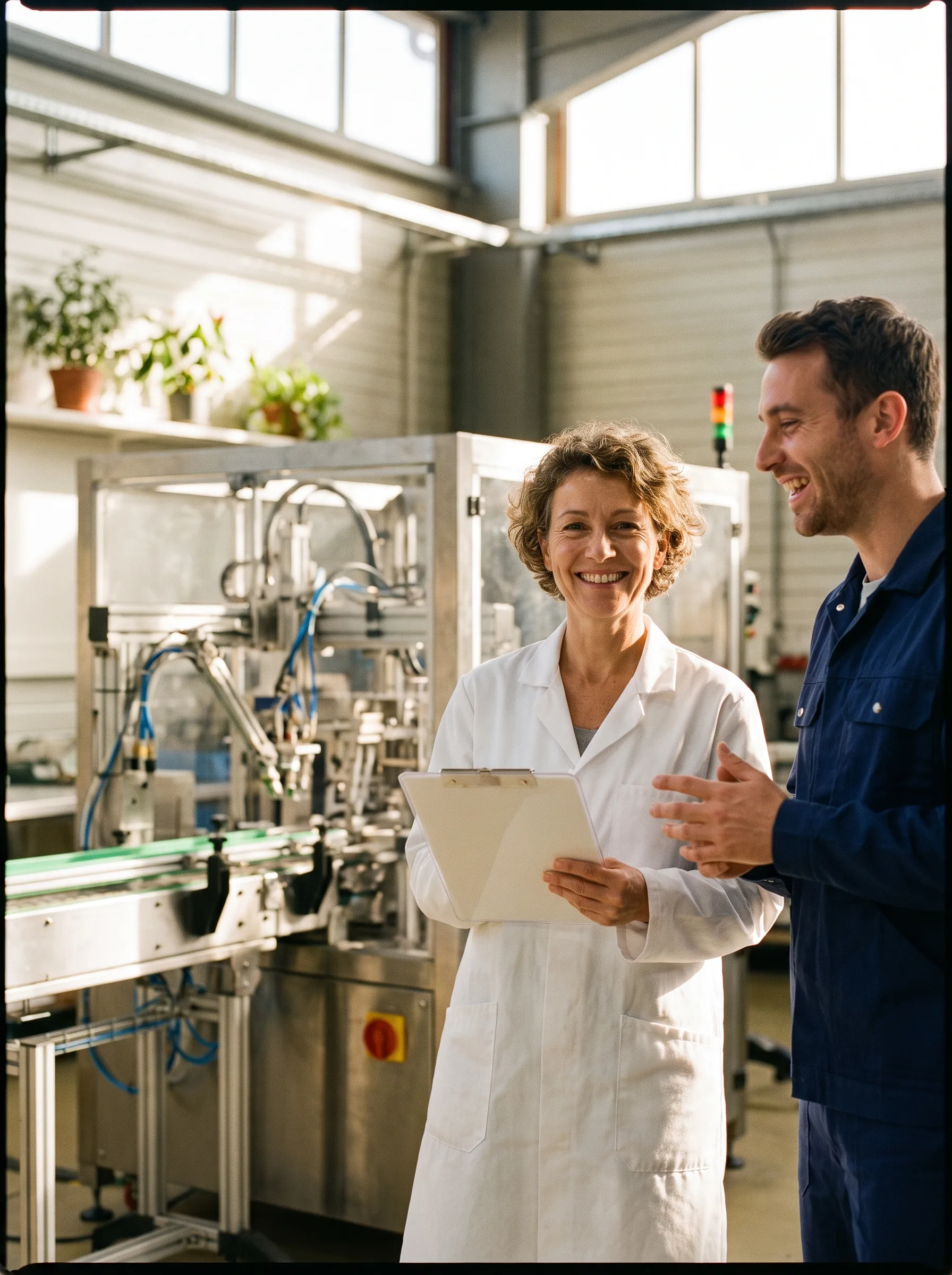 Une auditrice qualité en blouse claire et un opérateur sourient devant une ligne de production en inox