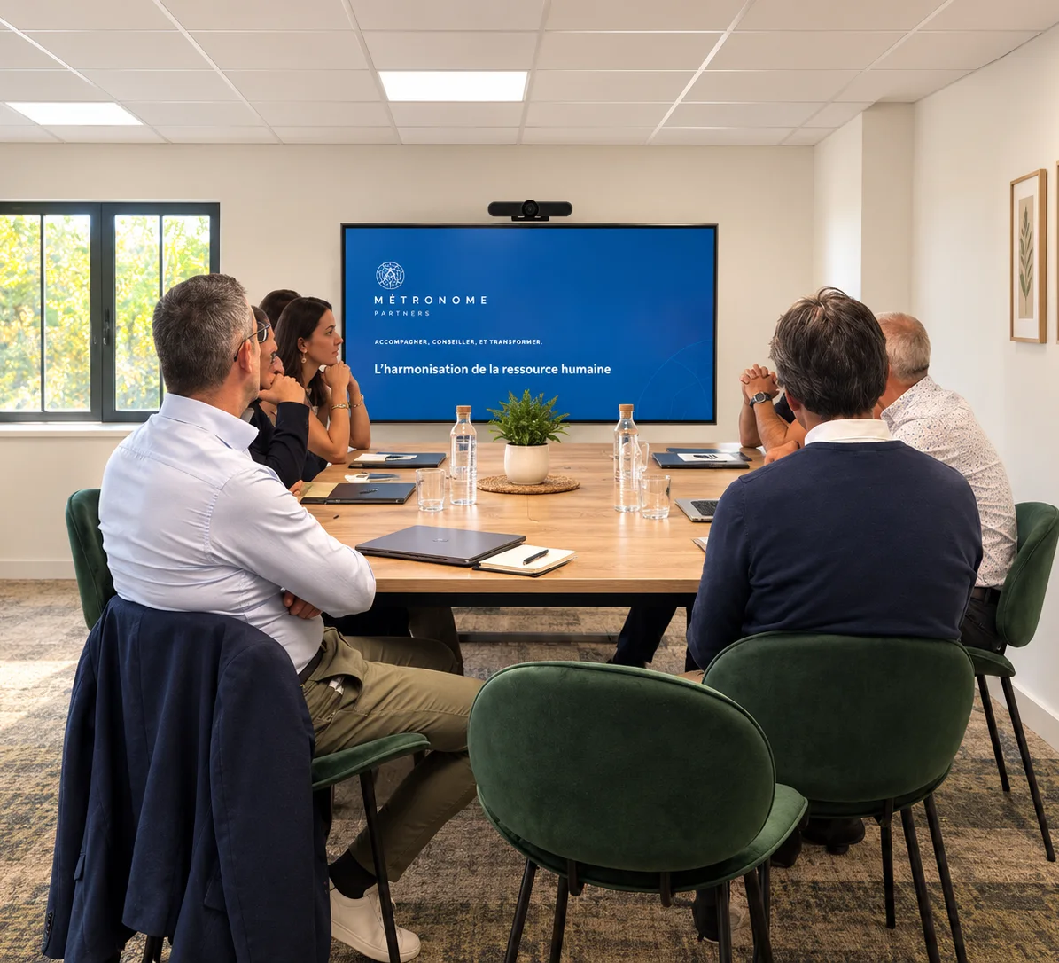 Une équipe réunie autour d'une table suit une présentation Metronome Partners à l'écran