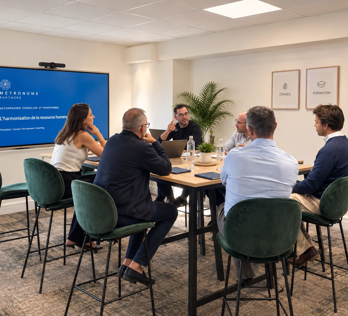 Réunion du cabinet conseil RH Metronome Partners autour d'une table haute, devant l'écran de présentation