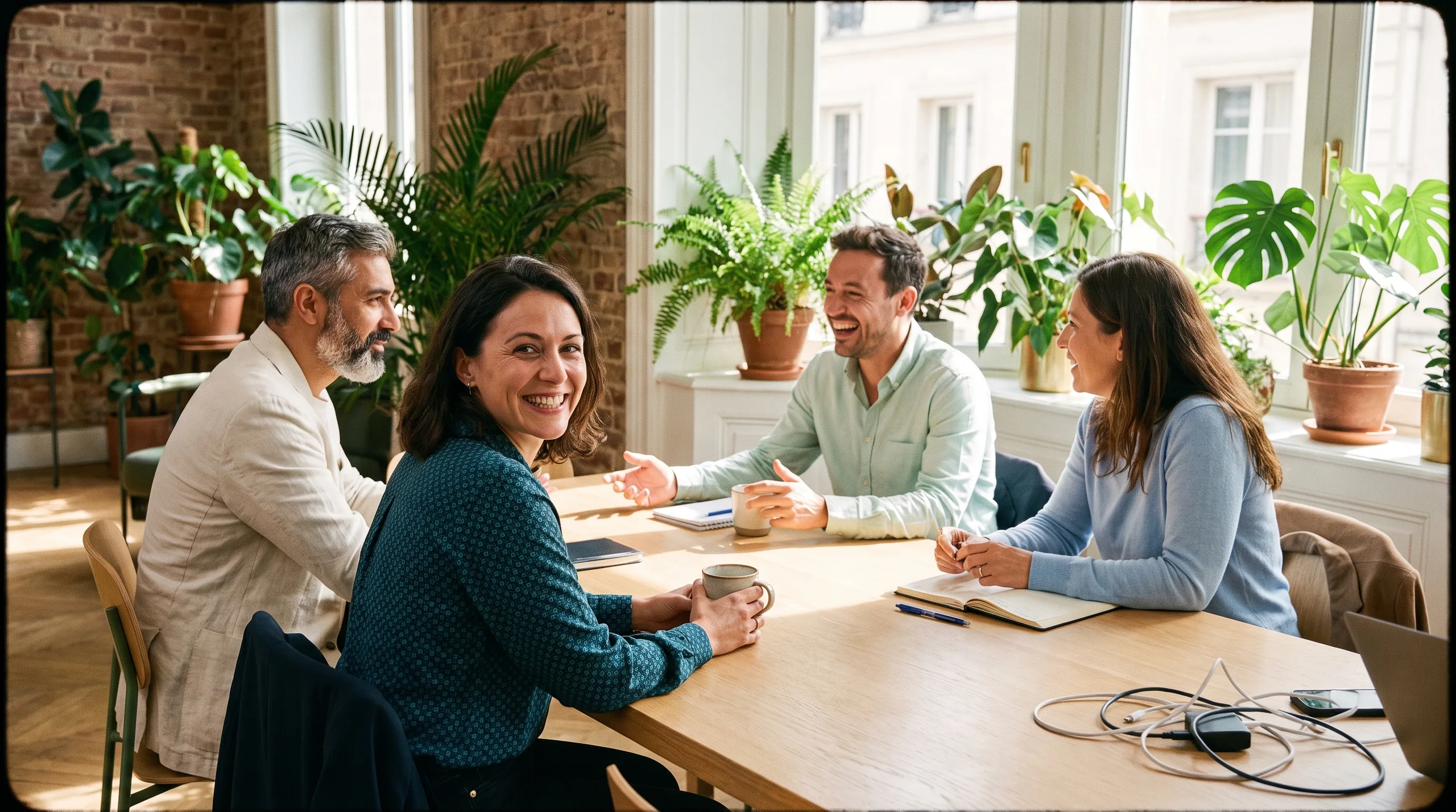 Formation prévention santé au travail : des collègues détendus échangent autour d'une table lumineuse